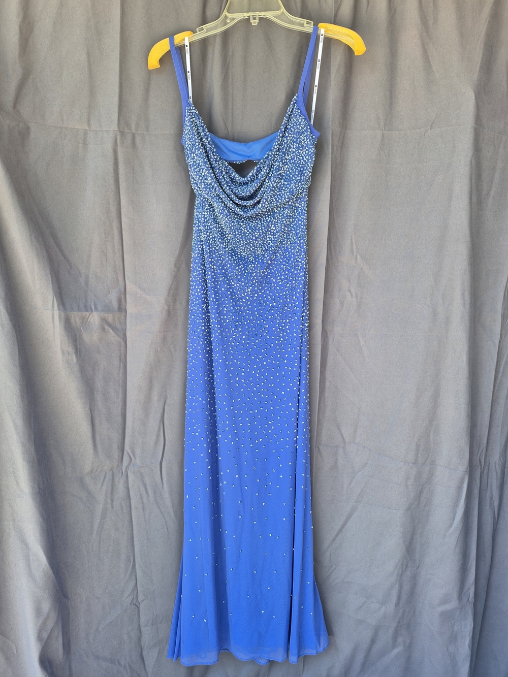 Vintage Tadish Blue Beaded Cowl Neck Evening Dress With Sparkles